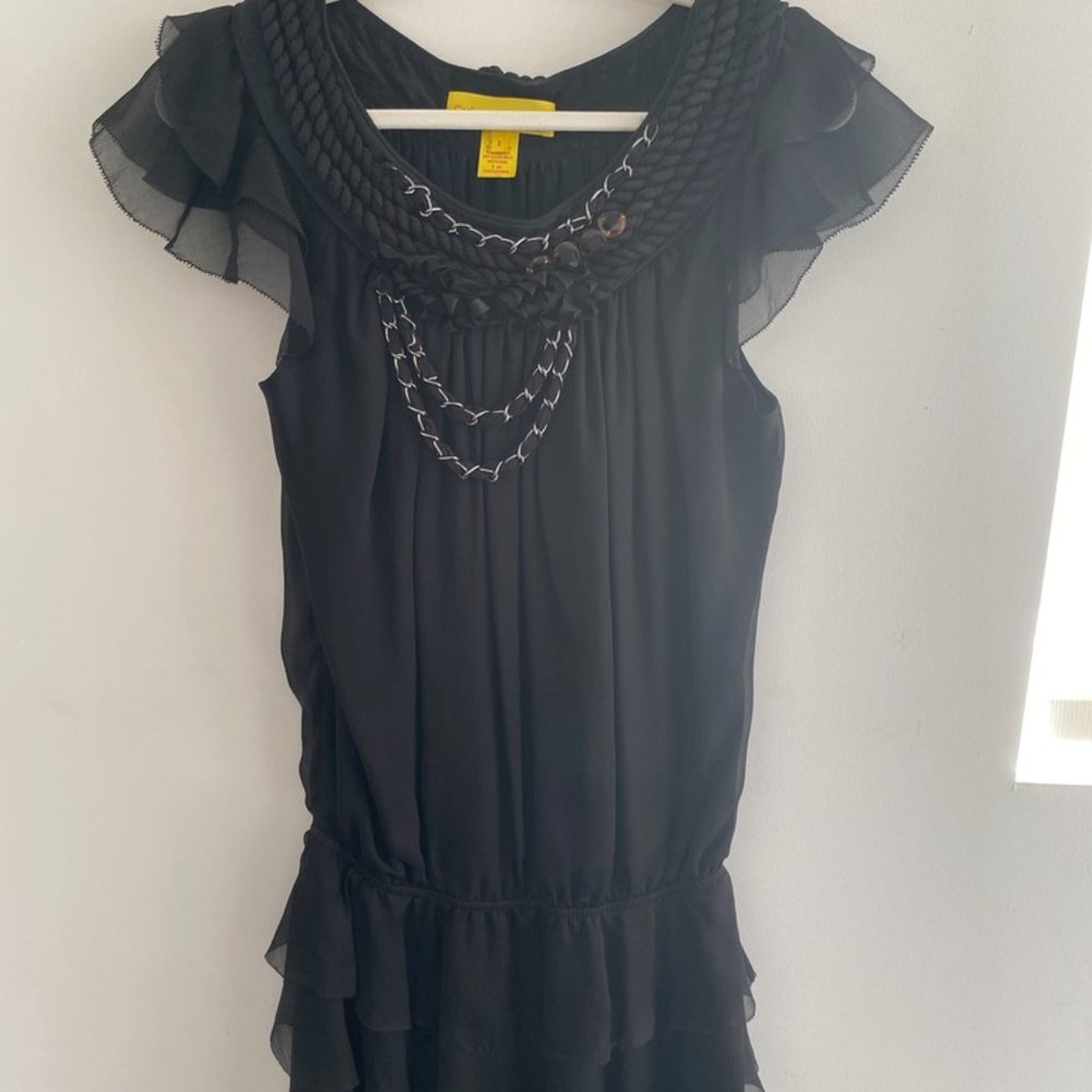 Catherine Malandrino Silk Black Ruffled Mini Dress W/ Bead Detail Sz 2